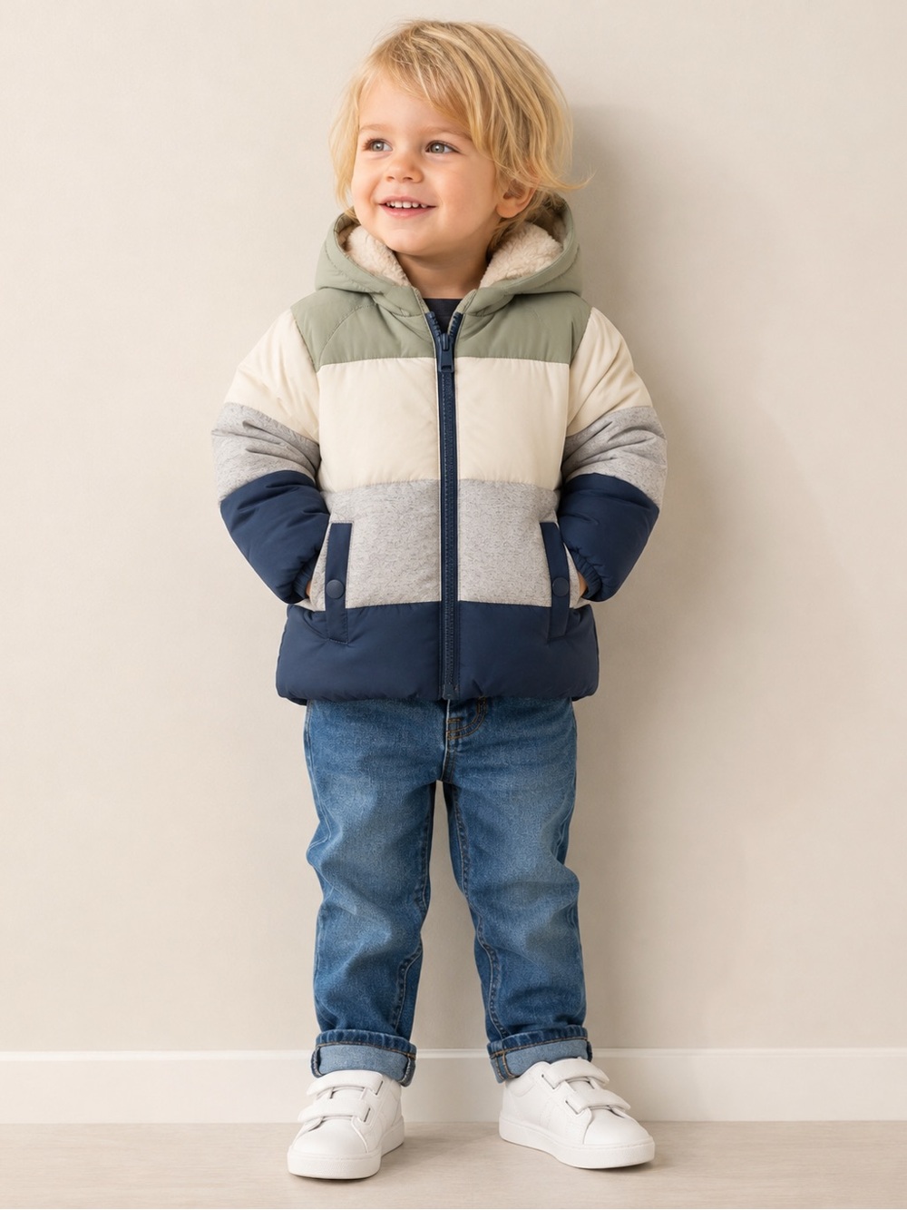 M&S Baby Boy 12-18M Colorblock Hooded Puffer Jacket Sherpa Lined Stormwear